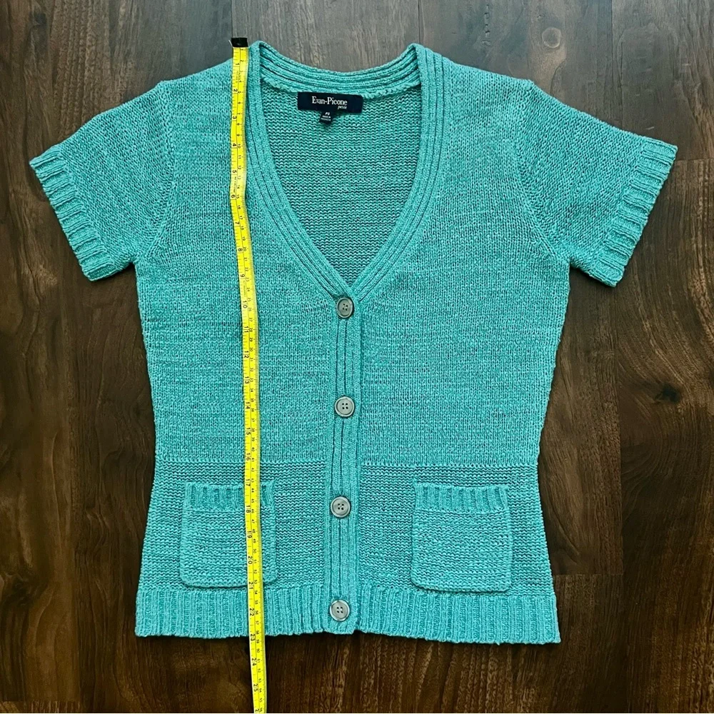 Evan Picone Fitted Cardigan Short Sleeve Sweater Top Teal Blouse Petite Small - Picture 2 of 6